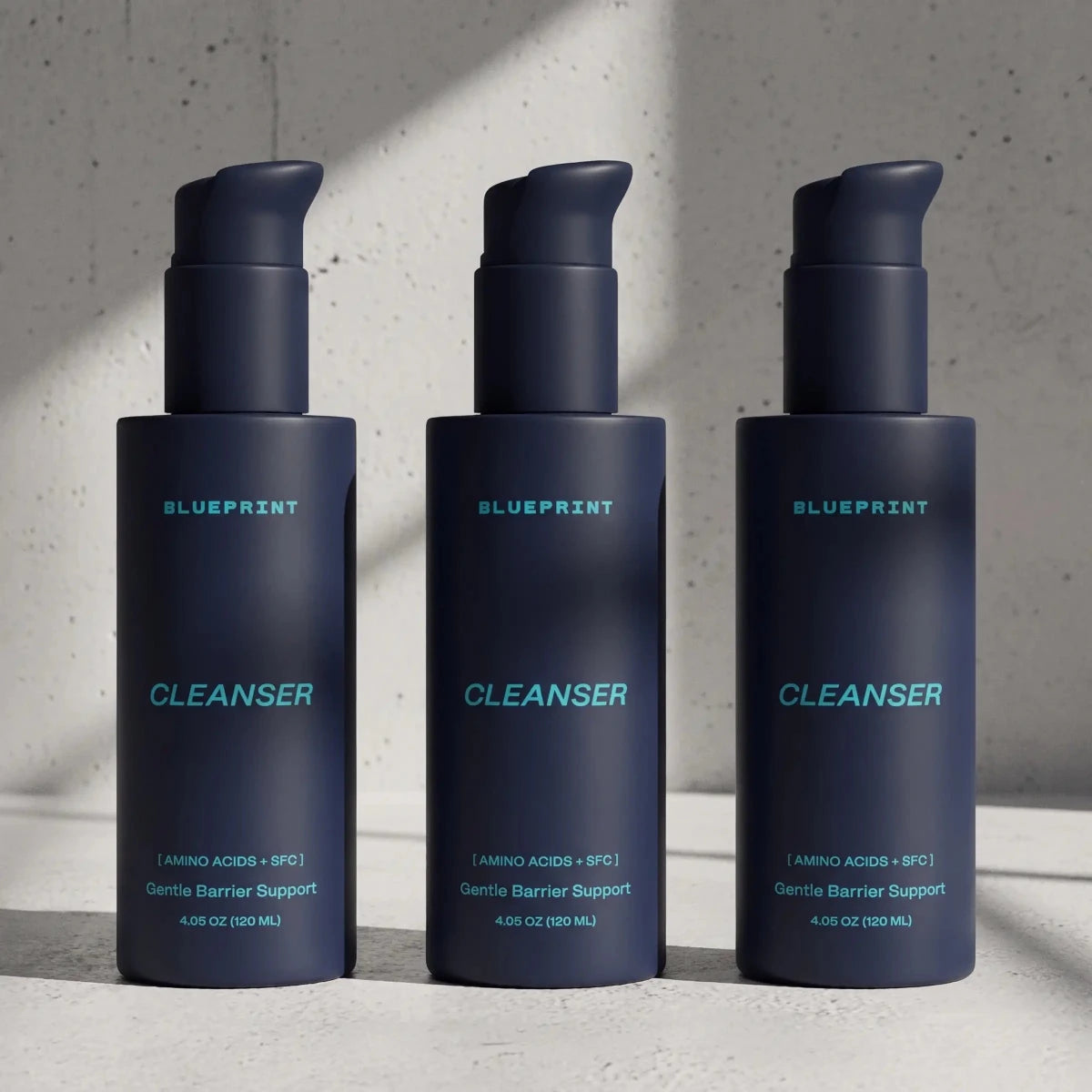 Three bottles of Blueprint Cleanser from the longevity skincare line