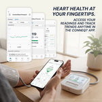 Conneqt app showing blood pressure readings and trends beside the Blueprint heart health monitor