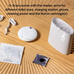 U-Scan kit contents — reader, toilet arms, charging station, gloves, cleaner and Nutrio cartridge