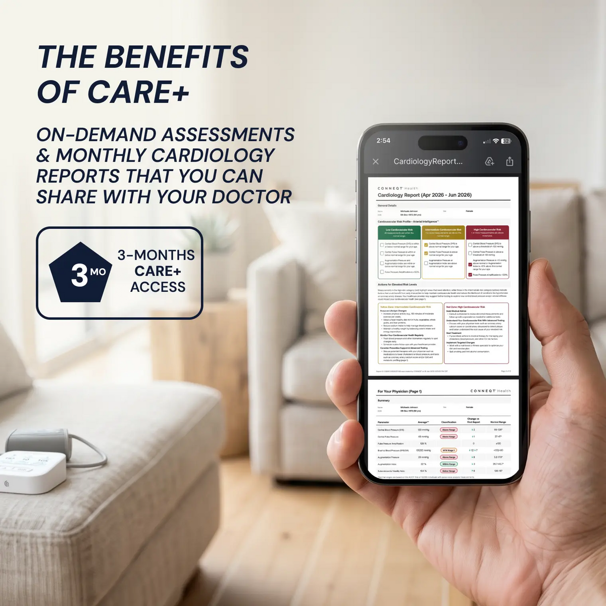 Care+ cardiology report on a phone with 3-months Care+ access for Blueprint heart health monitoring