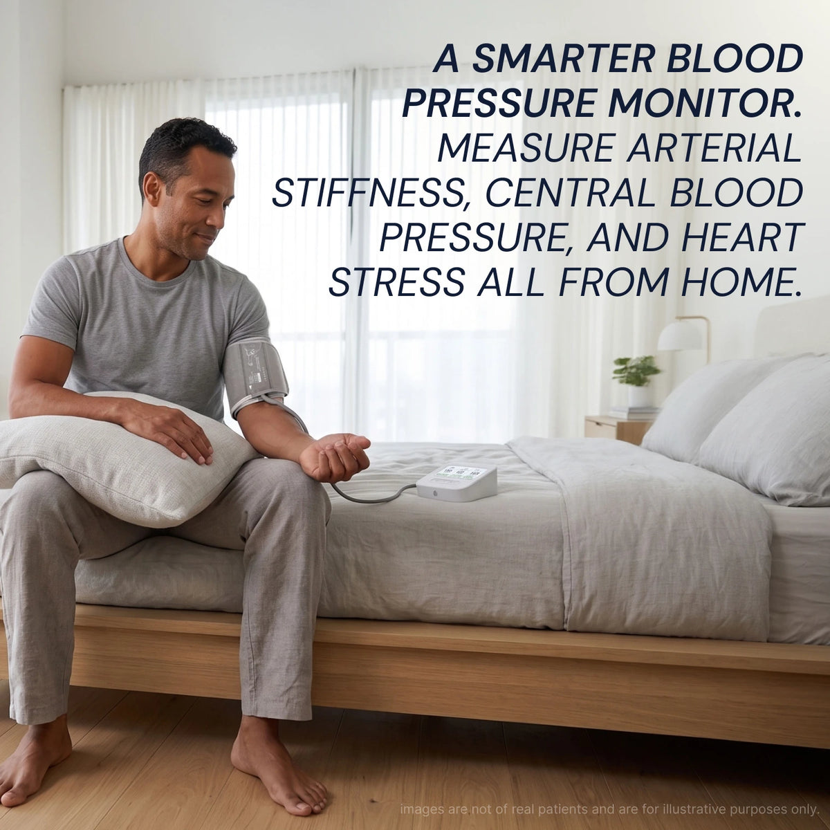 Man using the Blueprint blood pressure monitor at home to measure arterial stiffness and heart stress