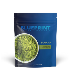 Blue package of matcha green tea powder with 'Blueprint' branding on a white background