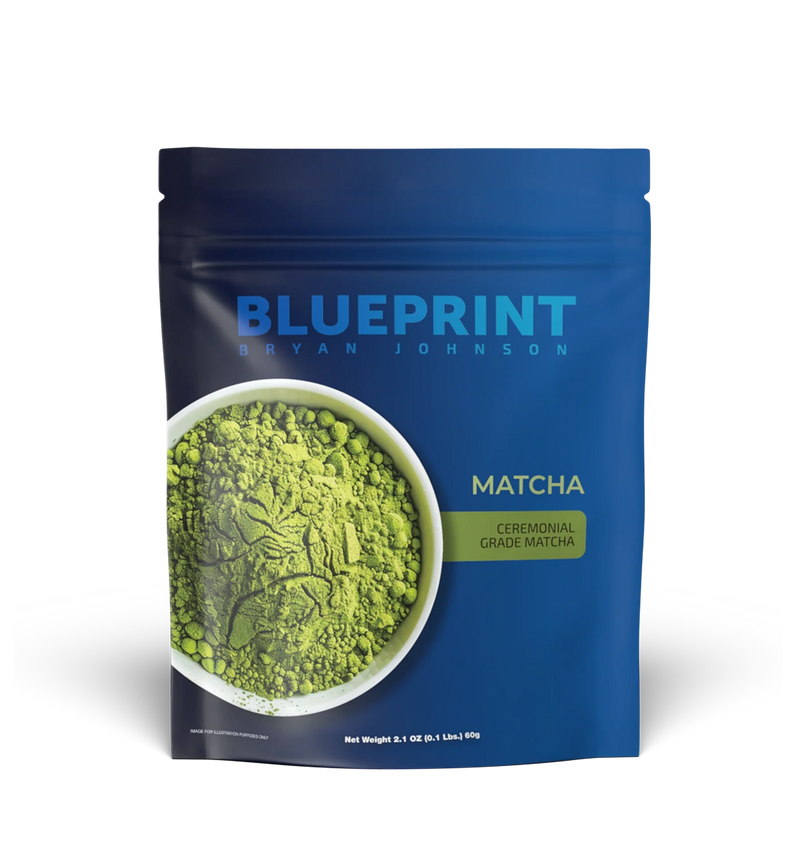 Blue package of matcha green tea powder with 'Blueprint' branding on a white background