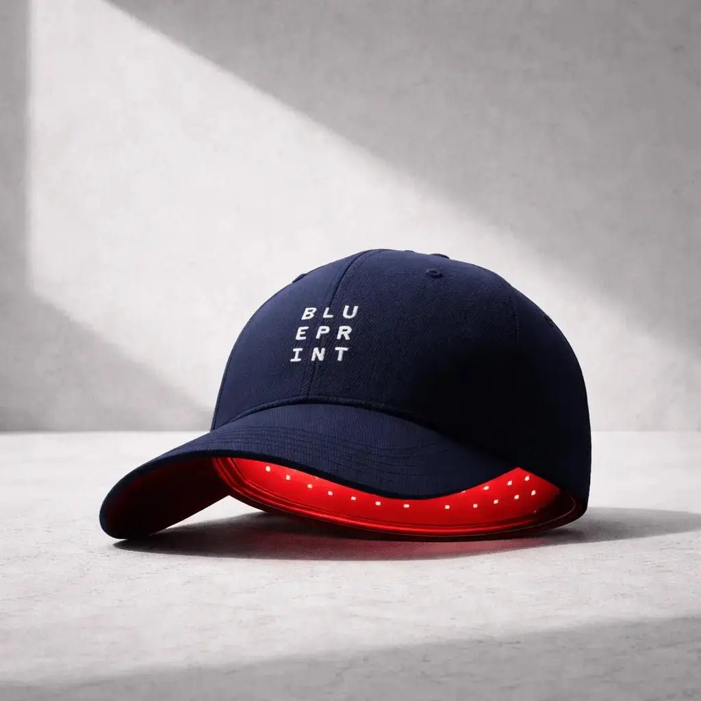 Navy blue cap with red interior and LED lights on a gray surface