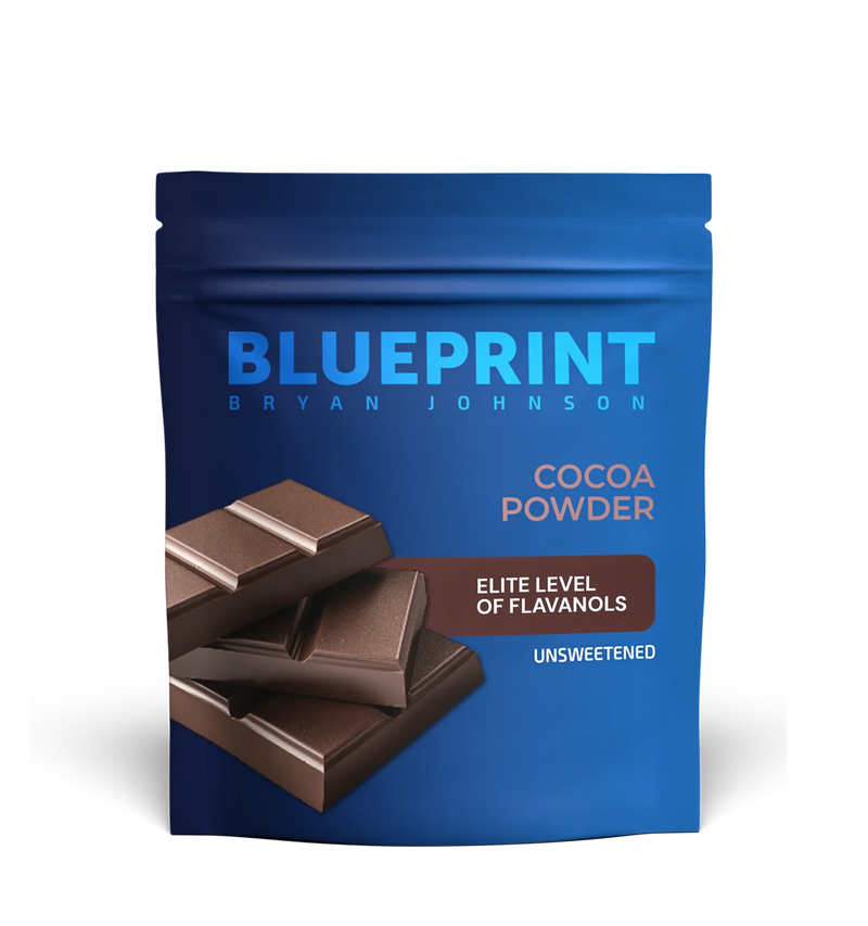 Package of Blueprint Cocoa Powder containing Flavanols with chocolate bars on a blue background