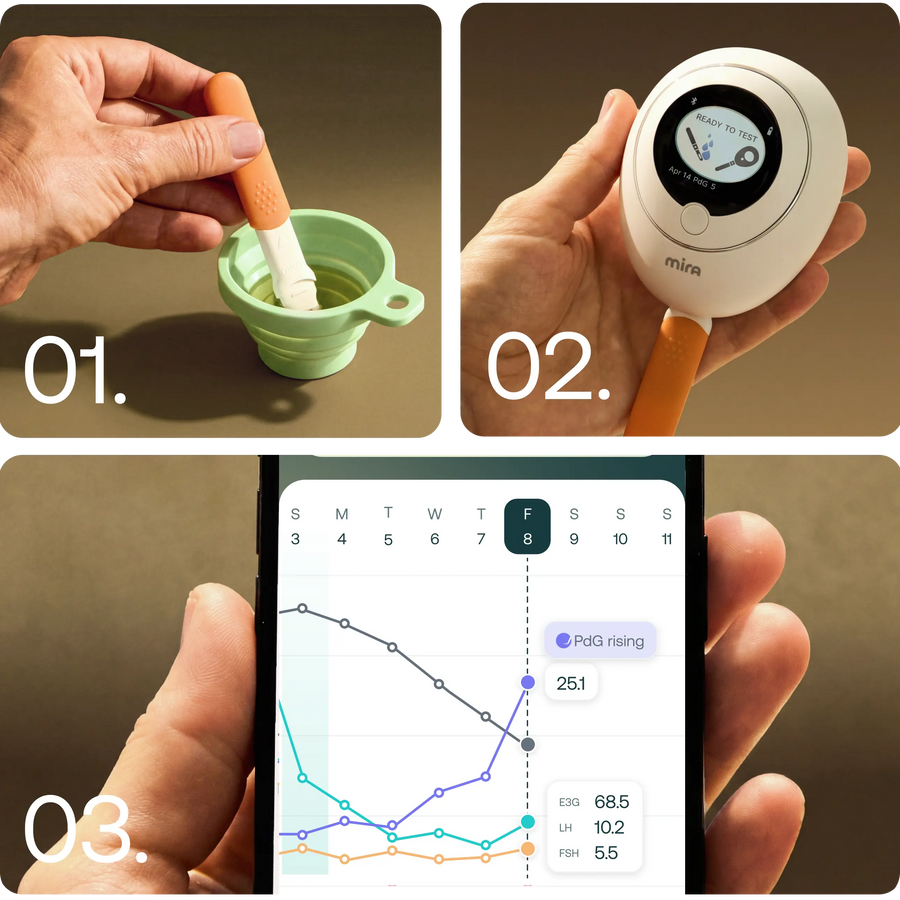Three steps to use the Mira hormone test — dip the wand, insert it, read results in the app