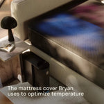 Mattress cover being used to optimize temperature with text overlay