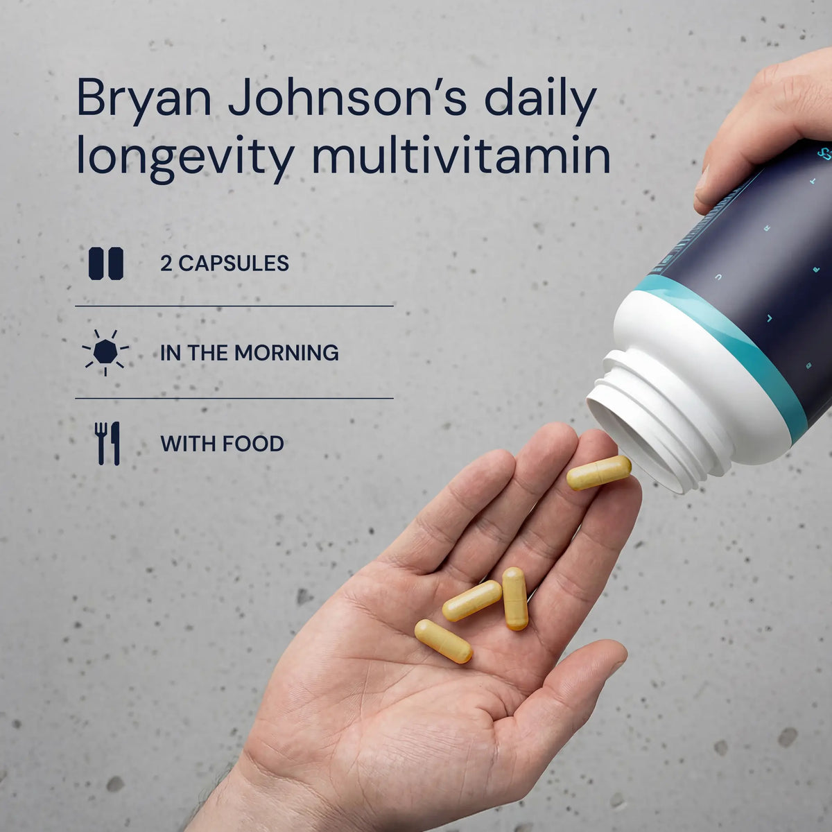 Blueprint Essential Capsules poured from a bottle into a hand — daily longevity multivitamin, 2 capsules in the morning