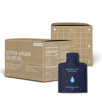 The image shows a box labeled 'Extra Virgin Olive Oil' with various compartments, indicating it contains multiple travel packs of olive oil. Next to the box is a single travel pack with a blue label, depicting the olive oil in a bottle and the text 'ONE DAILY WITH ANY MEAL'. #30-travel-packs