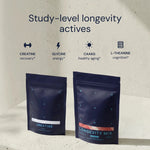 Two blue packages labeled 'Creatine' and 'Longevity Mix' on a beige background with text about study-level longevity actives.
