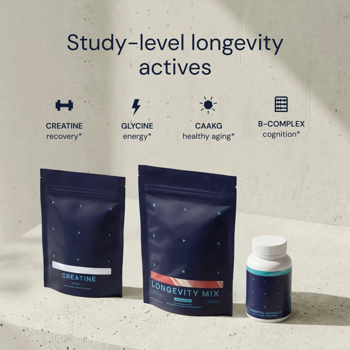 Supplement packages and a bottle labeled 'Longevity Mix' on a light background with text about study-level longevity actives.