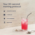Pink drink with a straw on a white surface, accompanied by text about a 30-second morning protocol.