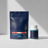 Navy blue package labeled 'Longevity Mix' and a white bottle with a blue label on a light gray background.