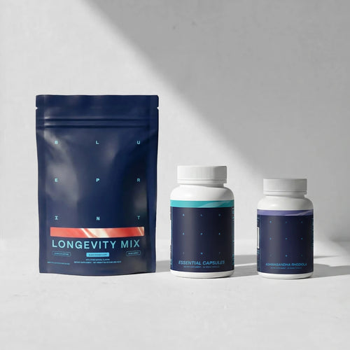 Longevity Mix package with two bottles on a light gray background