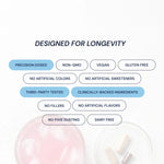 Product packaging with health and wellness features listed on a white background