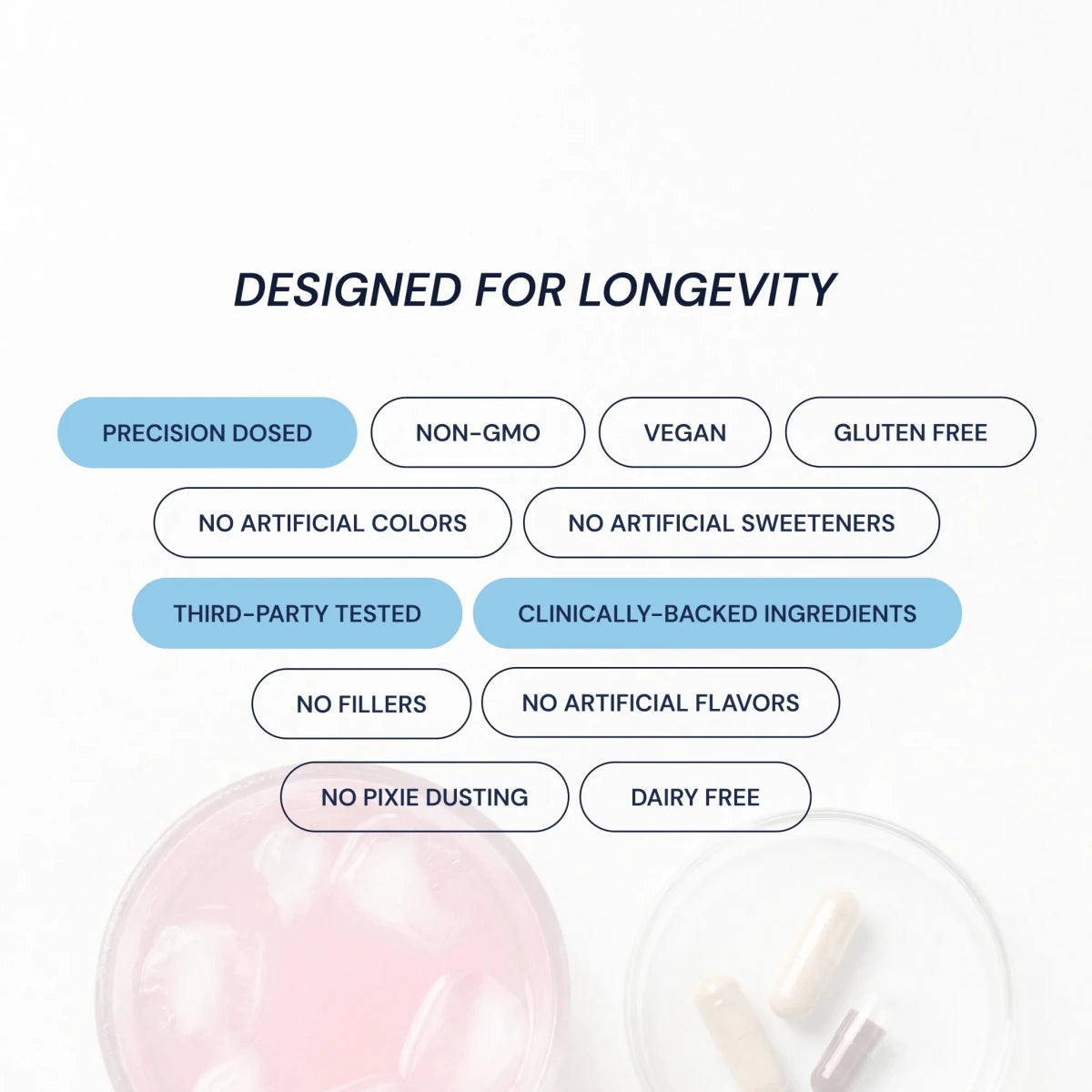 Product packaging with health and wellness features listed on a white background