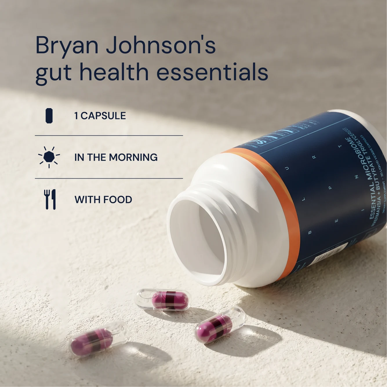 Essential Microbiome bottle tipped with magenta capsules spilling out and dosage guide — Blueprint gut health