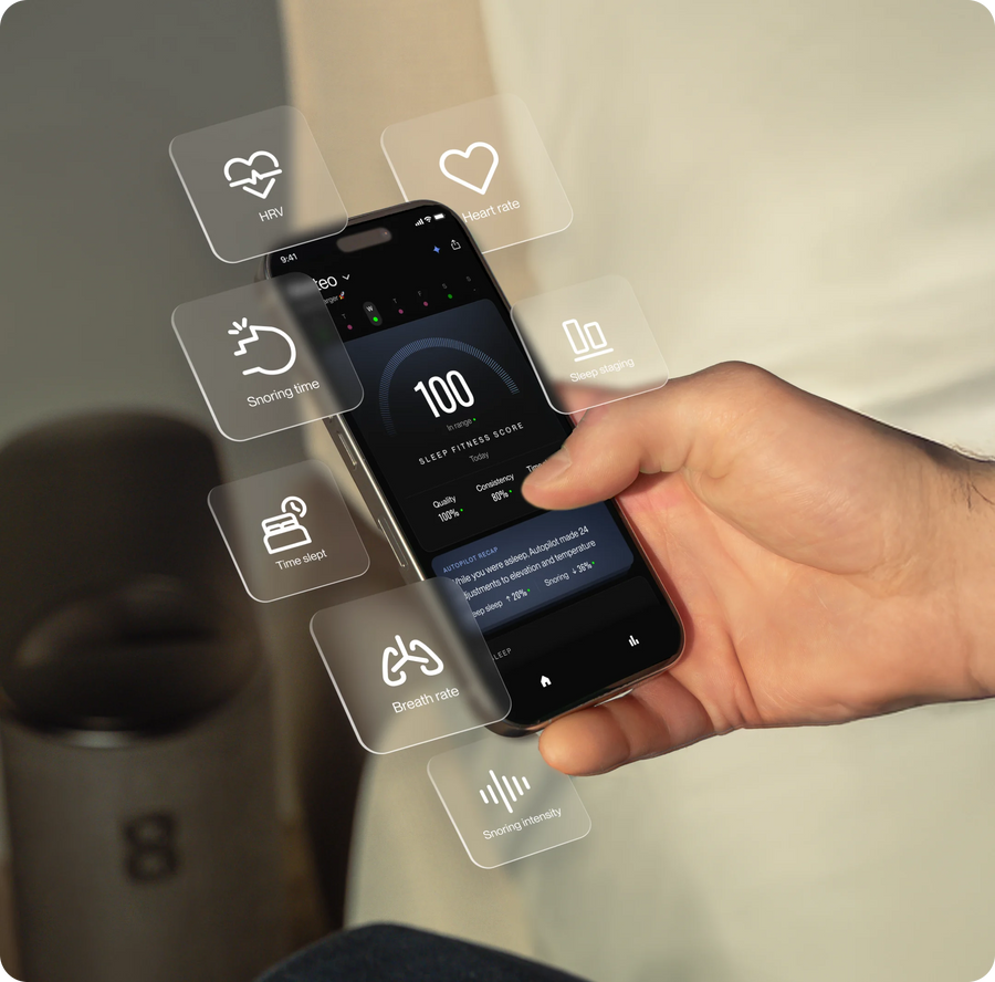Eight Sleep Pod app showing sleep fitness score, HRV, heart rate, and breath rate metrics — Blueprint sleep optimization protocol