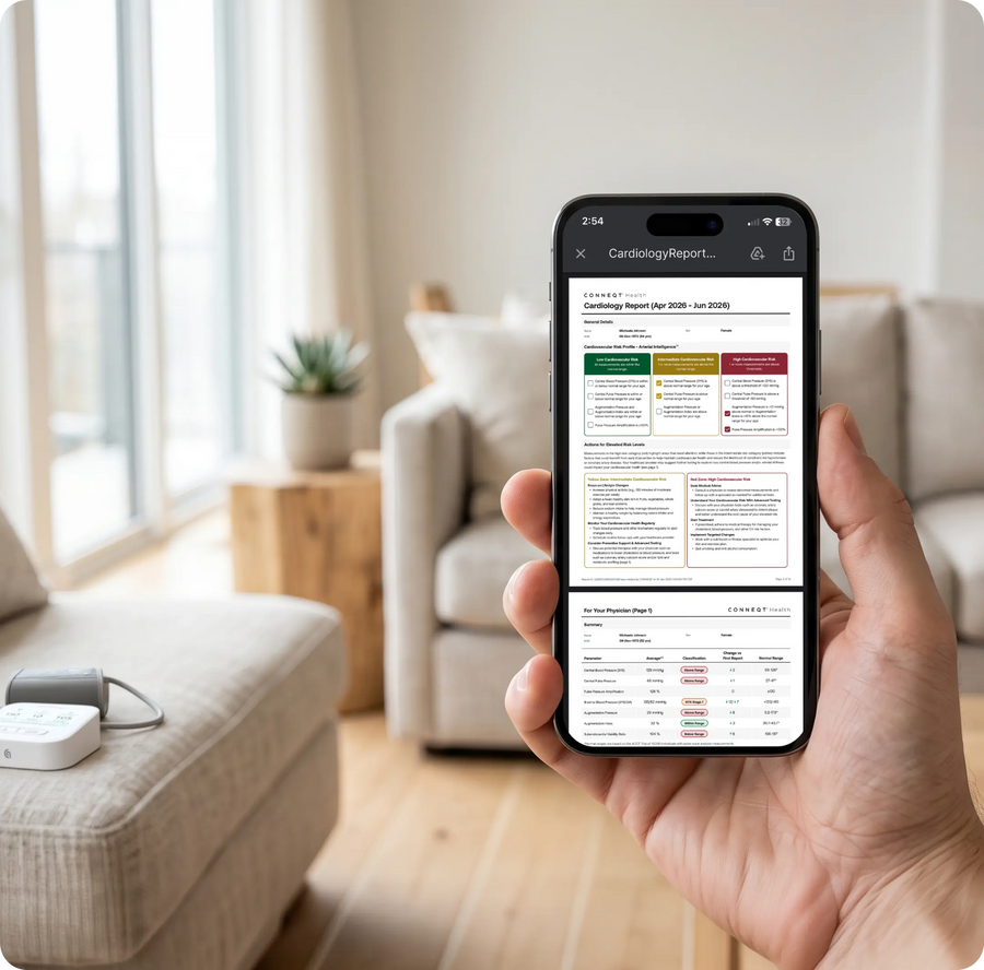 Hand holding a smartphone showing a biomarker results report, Blueprint health data review