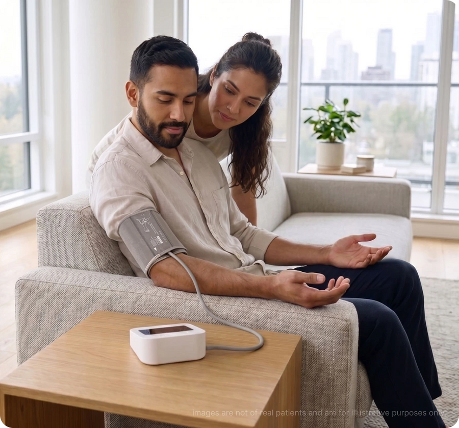 Couple at home taking a blood pressure reading with the Blueprint arterial health monitor