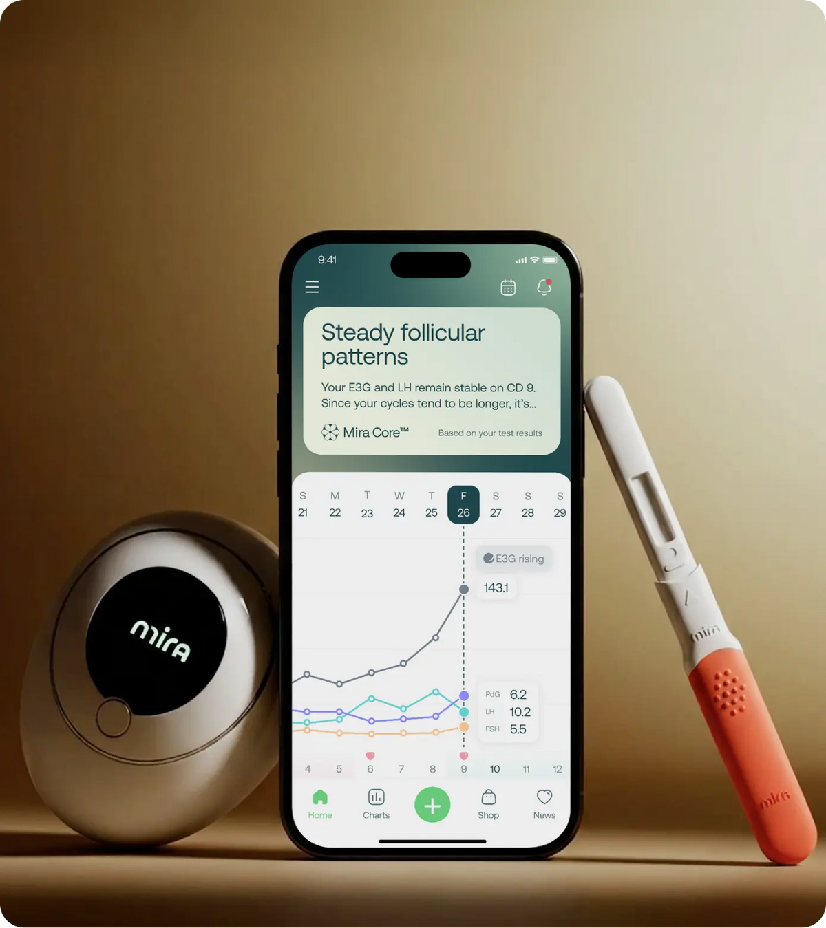 Mira hormone monitor, test wand and phone app showing a full cycle hormone curve