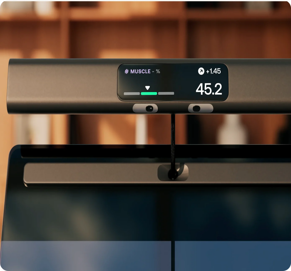 Smart fitness scale display showing 45.2% muscle mass gain, Blueprint body composition tracking