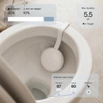 U-Scan reader installed in a toilet bowl with bio-acidity and hydration readings in the app