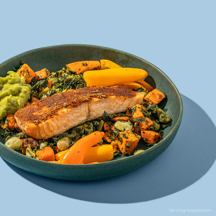 Blueprint longevity meal bowl with seared salmon, kale, sweet potato, carrots and avocado, free from seed oils