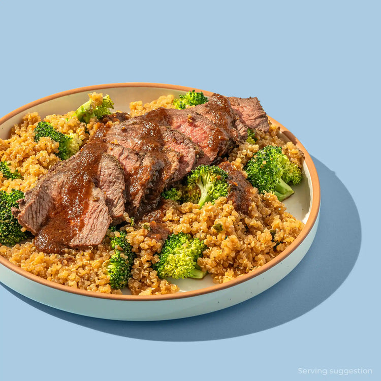 Blueprint longevity meal bowl with sliced steak, quinoa and broccoli, a protein-rich meal free from seed oils