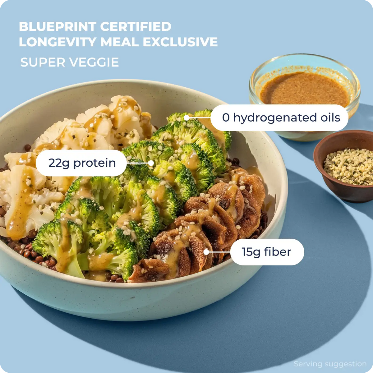 Super Veggie Blueprint Certified Longevity Meal bowl with broccoli and beef: 22g protein, 15g fiber, 0 hydrogenated oils