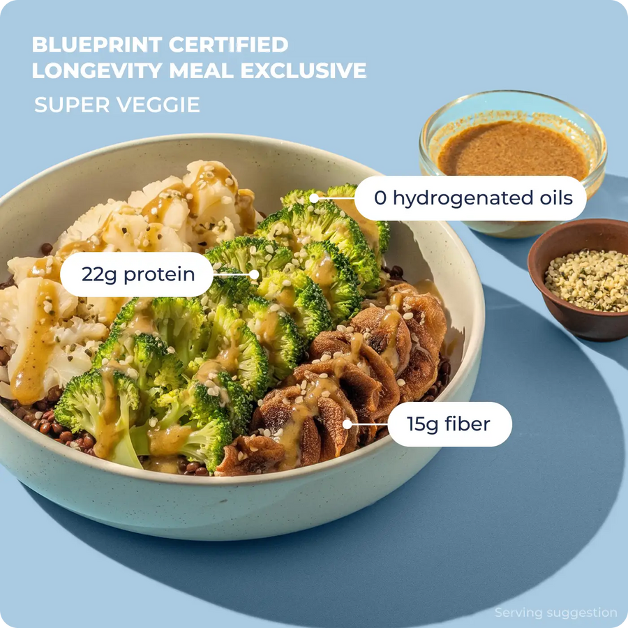 Super Veggie Blueprint Certified Longevity Meal bowl with broccoli and beef: 22g protein, 15g fiber, 0 hydrogenated oils