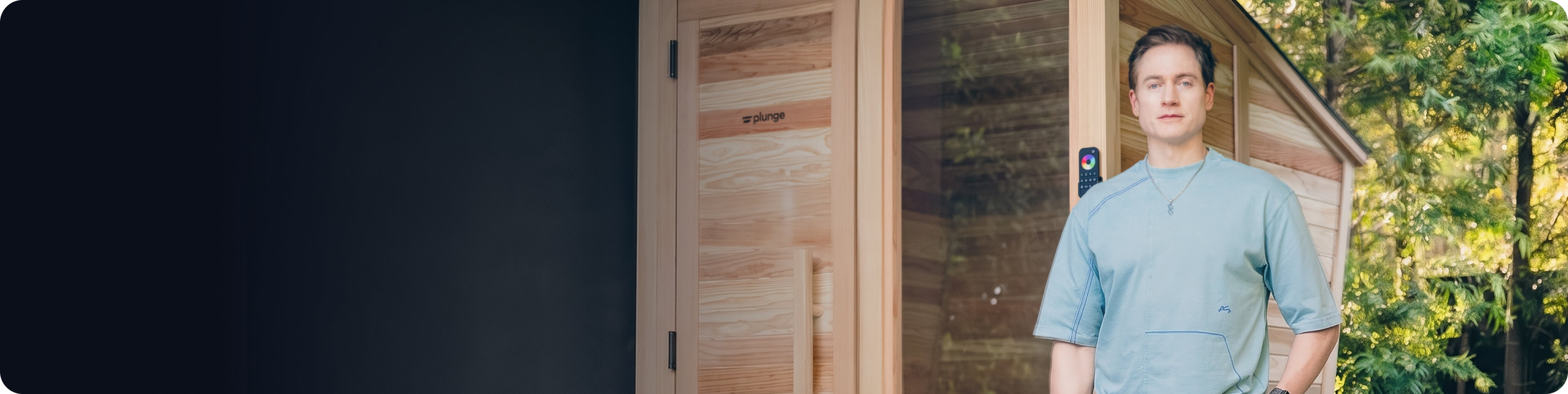 Bryan Johnson outside Plunge wooden sauna for Blueprint longevity and recovery protocol