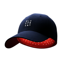 Navy blue 302 Laser Cap with red LED strip and 'BLUEPRINT' text on a white background
