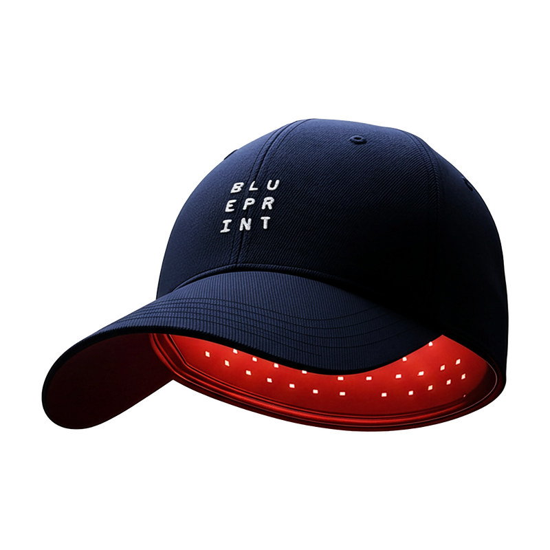 Navy blue 302 Laser Cap with red LED strip and 'BLUEPRINT' text on a white background