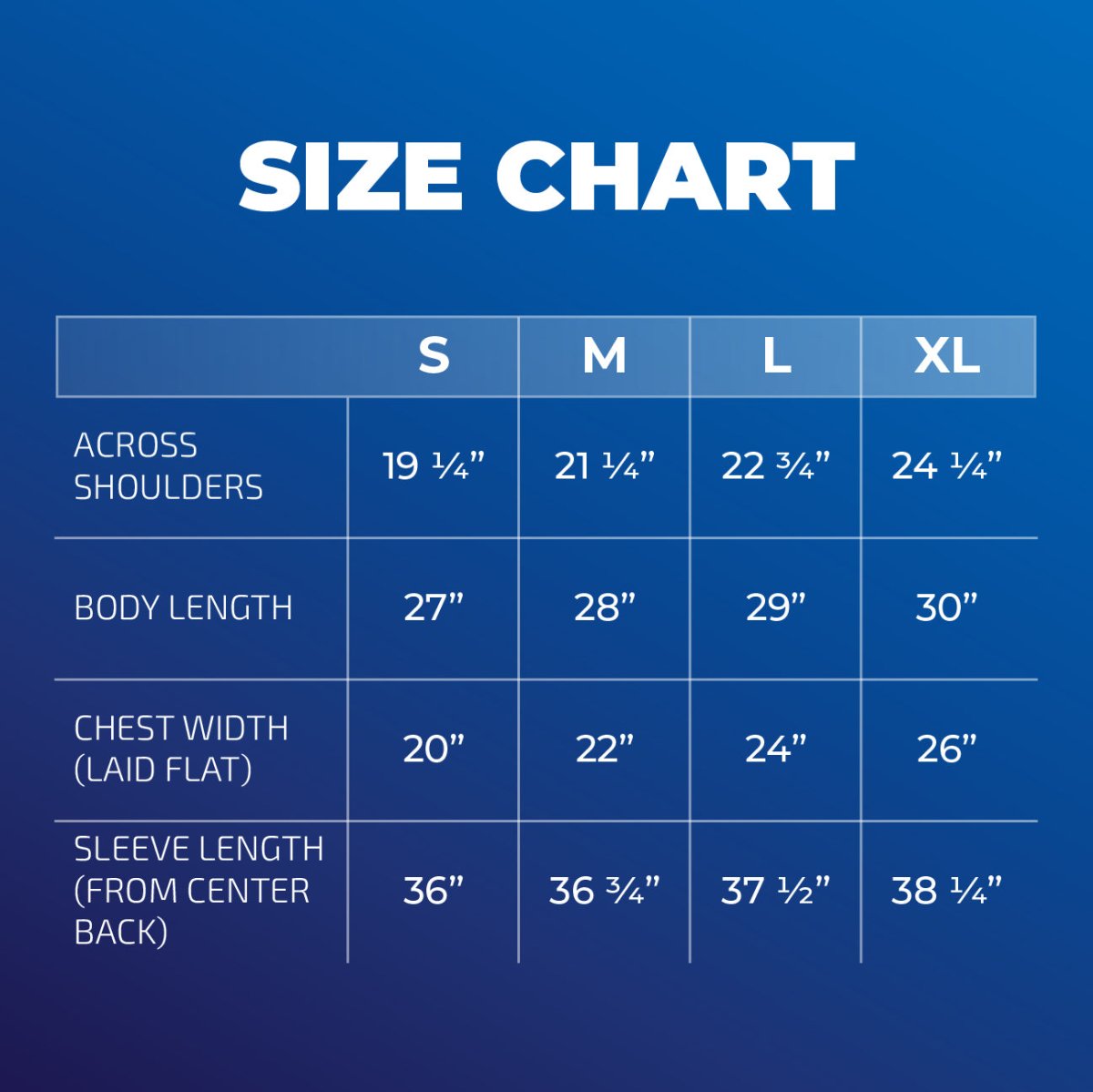 Size chart for blue 'BLUEPRINT' Hoodie