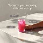 Pink Longevity Mix drink with energy, recovery, mood and focus callouts: optimize your morning with one scoop