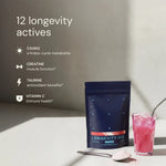 Blueprint Longevity Mix pouch beside a pink drink, highlighting 12 longevity actives including CaAKG and creatine