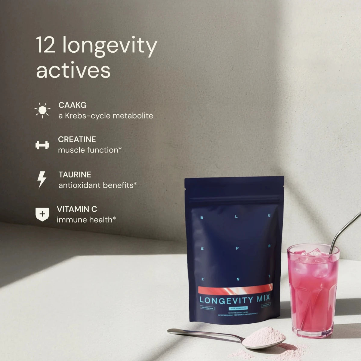 Blueprint Longevity Mix pouch beside a pink drink, highlighting 12 longevity actives including CaAKG and creatine