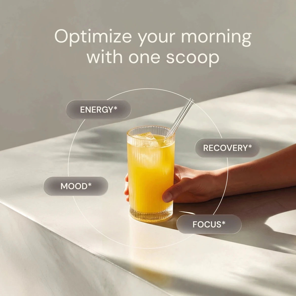 Yellow Longevity Mix drink with energy, recovery, mood and focus callouts: optimize your morning with one scoop