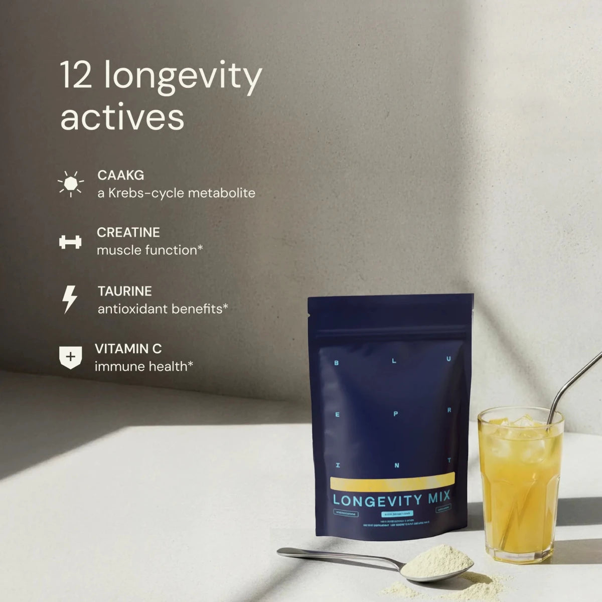Longevity Mix pouch and a yellow citrus drink, highlighting 12 longevity actives for daily health optimization