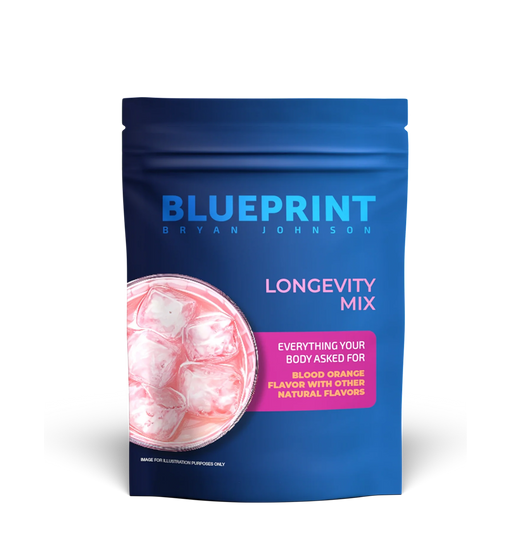 Blue package of Blueprint Longevity Mix with pink flavor description on a white background