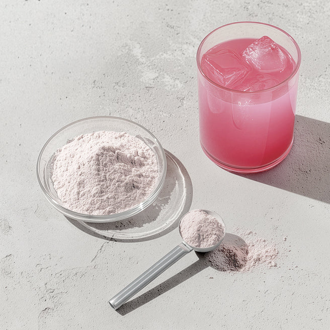 Pink powder in a glass bowl, on a spoon, and in a glass with ice on a light gray surface.