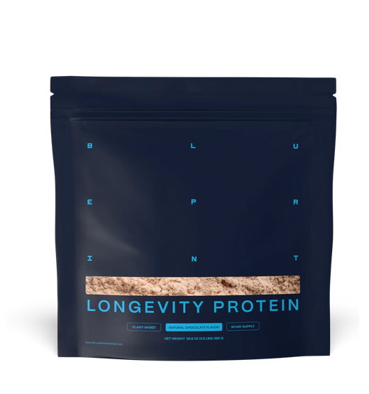 Black package of Longevity Protein with a white background