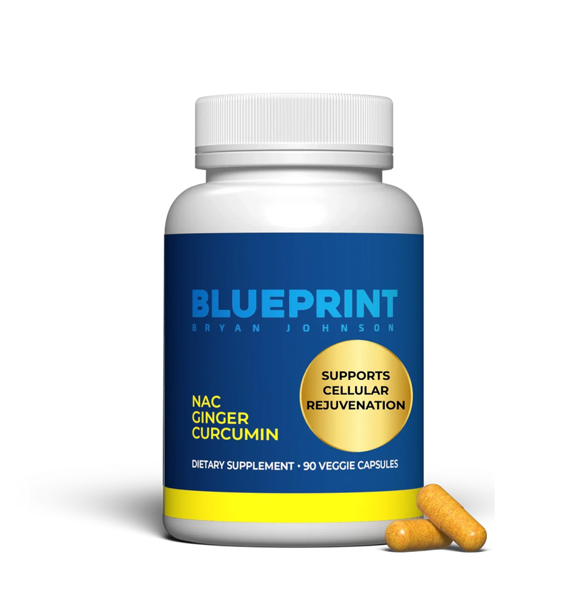 Supplement bottle labeled 'Blueprint' with capsules on a white background