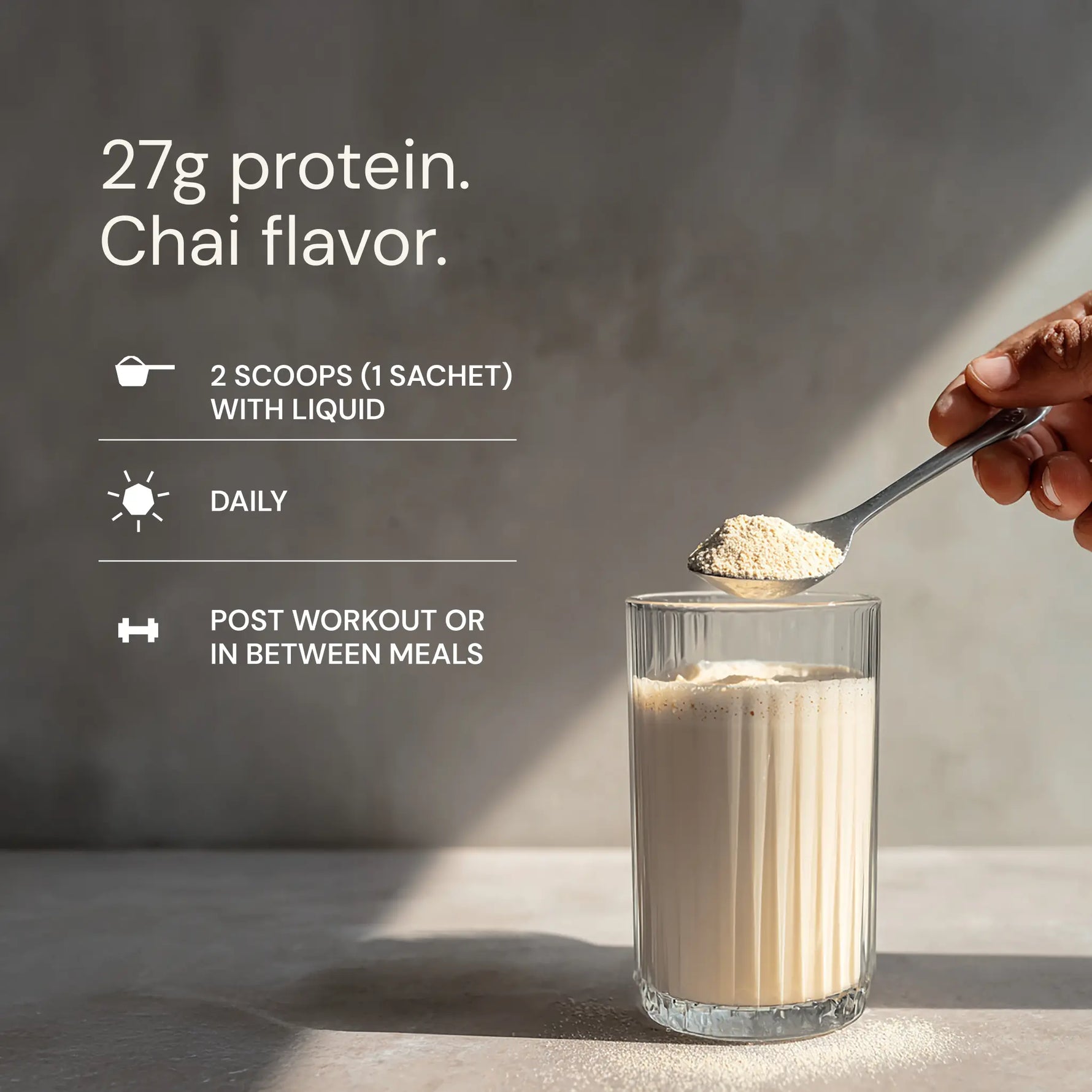Protein powder being added to a glass with text about protein content and usage.