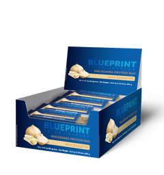 Box of Blueprint Macadamia Protein Bars on a white background