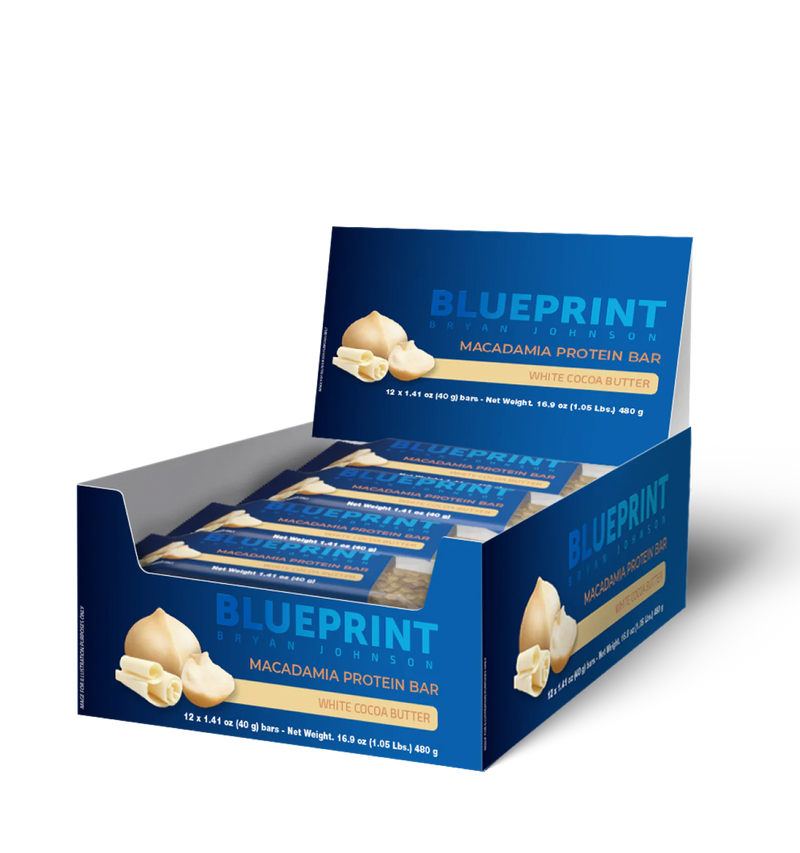 Box of Blueprint Macadamia Protein Bars on a white background