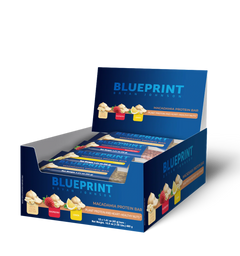 Box of Blueprint protein bars on a white background