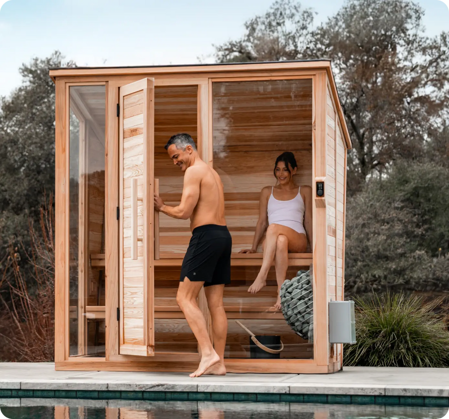 Man and woman entering the plunge sauna