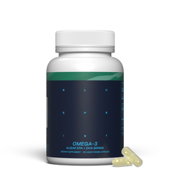 Omega-3 supplement bottle with capsules on a white background